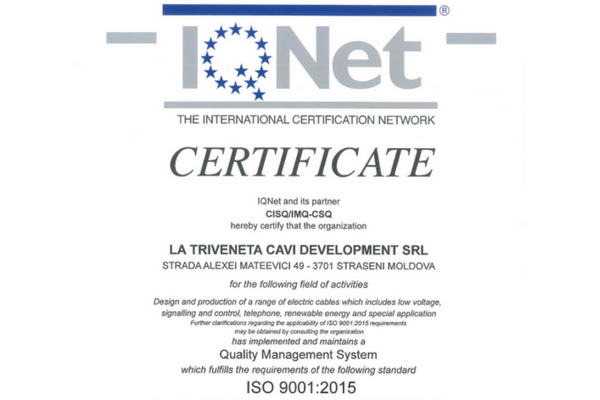 certificato qualità ISO 9001-2015 stabilimento Moldavia