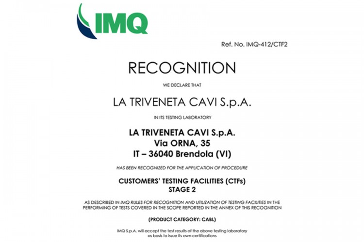 IMQ recognition for La Triveneta Cavi’s burn cabin